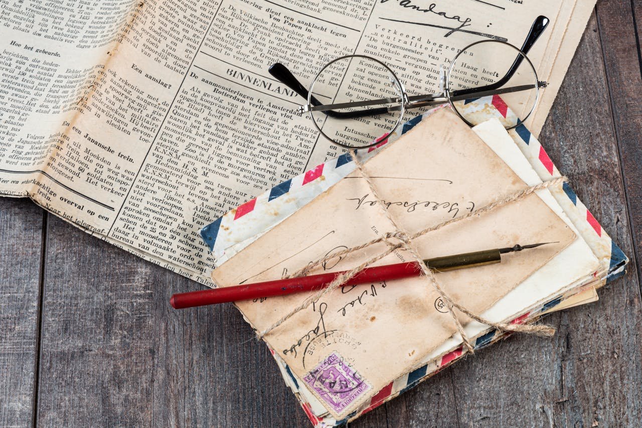 Close-up of old letters, an ink pen, and vintage glasses on a wooden surface with a newspaper.